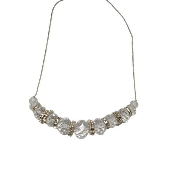 Silver Tone Chain Floating Crystal Rhinestone Washer Opera Necklace Cocktail - Picture 3 of 14